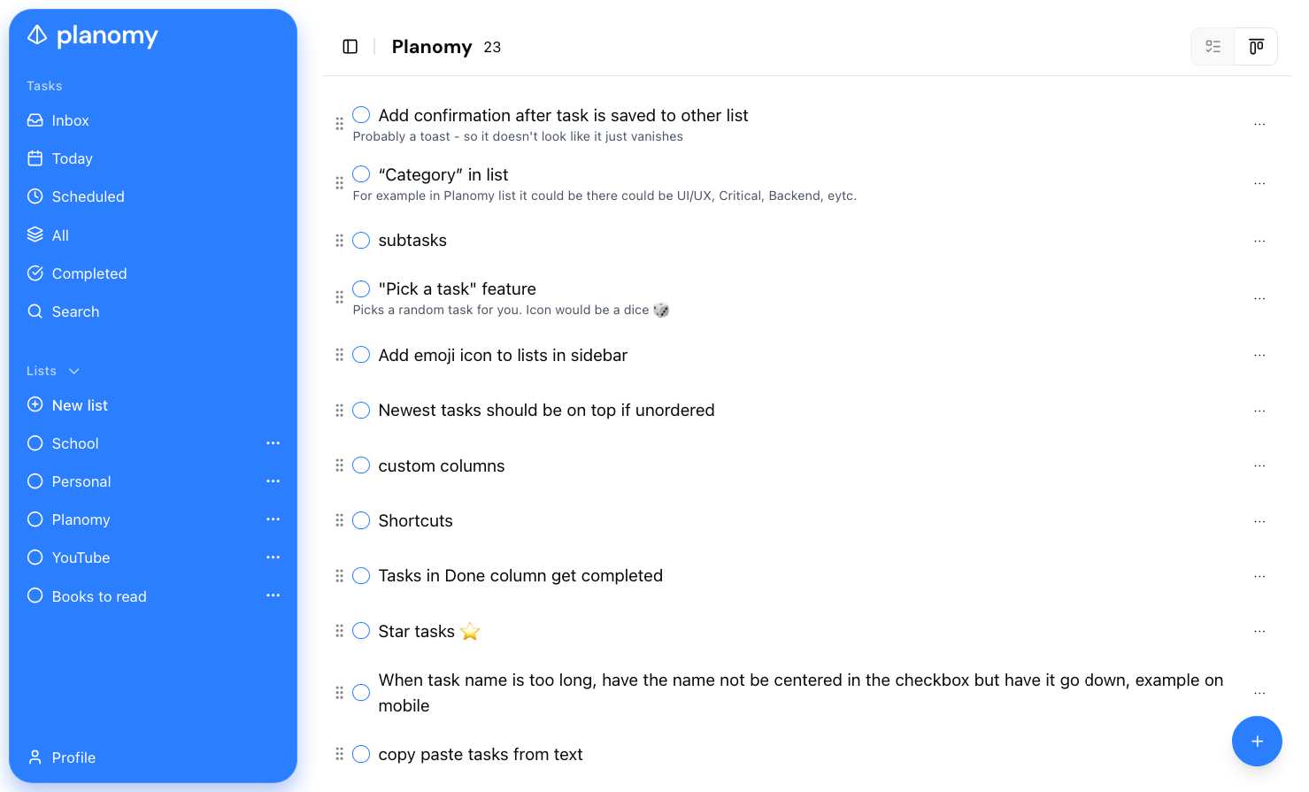 A custom list in Planomy desktop depicting to-come features.