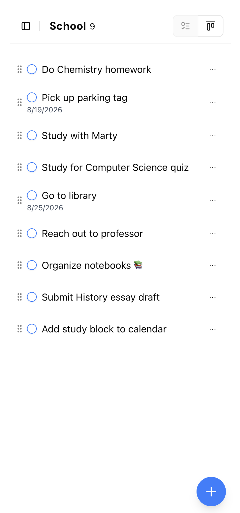 A custom list in Planomy mobile depicting example school tasks.